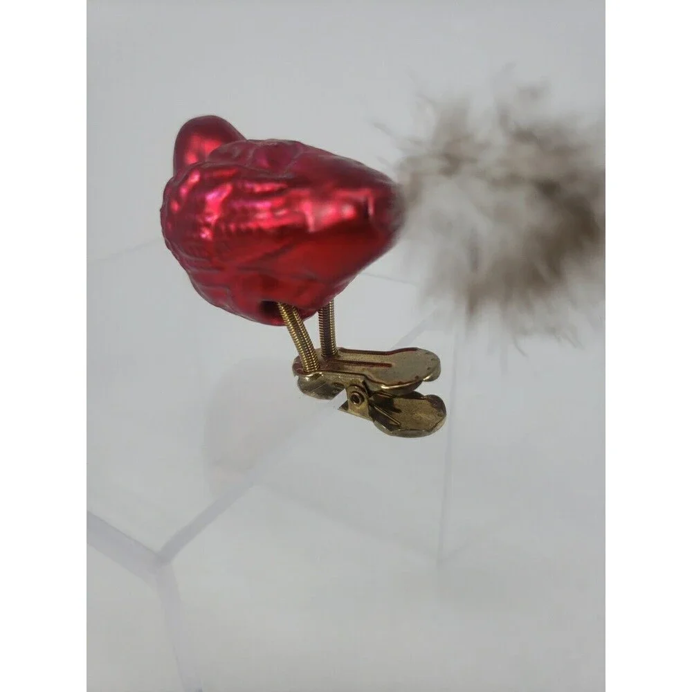 Vintage Blown Glass Red Bird Feather Tail Spring Clip Legs Classic Rare Uncommon